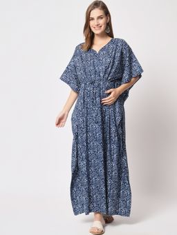 AUJJESSA - Indigo Cotton Printed Maternity Front Zipper Feeding Kaftan