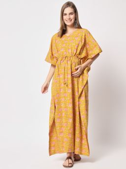 AUJJESSA - Mustard Multi Cotton Printed Maternity Front Zipper Feeding Kaftan