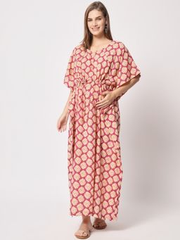 AUJJESSA - Plum Multi Cotton Printed Maternity Front Zipper Feeding Kaftan