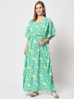 AUJJESSA - Sea Green Cotton Printed Maternity Front Zipper Feeding Kaftan
