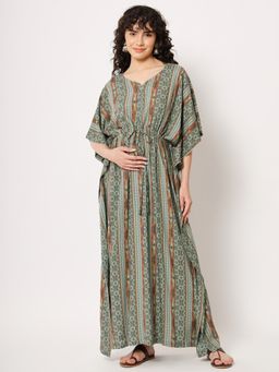 AUJJESSA - Olive Green Rayon Printed Front Zipper Maternity Feeding Kaftan