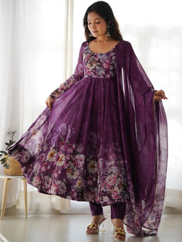 BLACK SCISSOR - Floral Printed Tabby Organza Anarkali with Dupatta-Purple (Set of 2)