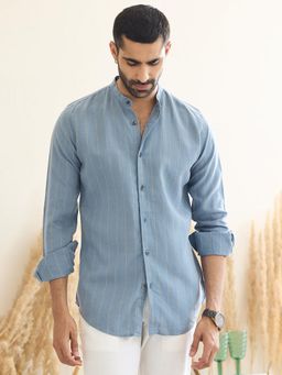 MR BUTTON - Blue Men Slim Fit Opaque Striped Mandarin Collar Casual Shirt