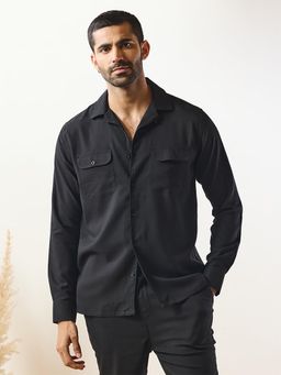 MR BUTTON - Black Men Solid Cuban Collar Casual Shirt