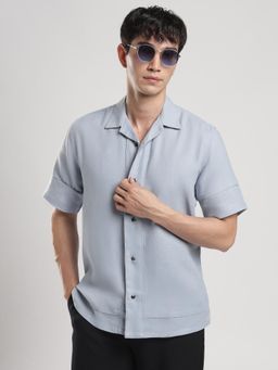 MR BUTTON - Light Grey Men Solid Cuban Collar Casual Shirt
