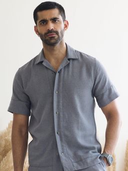 MR BUTTON - Dark Grey Men Solid Cuban Collar Casual Shirt