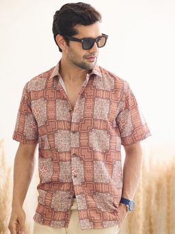 MR BUTTON - Brown Men Printed Spread Collar Casual Shirt