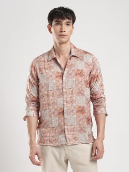 MR BUTTON - Brown Men Geometric Printed Spread Collar Casual Shirt