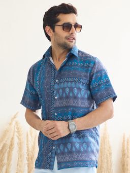 MR BUTTON - Blue Men Ethnic Motifs Printed Collar Neck Casual Shirt