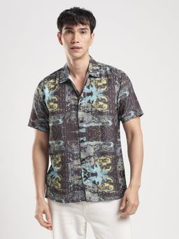 MR BUTTON - Men Abstract Printed Collar Neck Casual Shirt