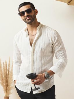 MR BUTTON - Men Slim Fit Textured Mandarin Collar Casual Shirt