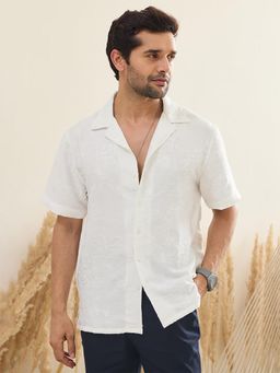 MR BUTTON - White Embroidered Men Relaxed Fit Opaque Casual Shirt