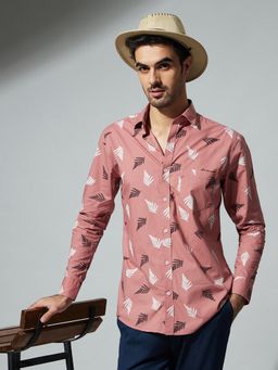 MR BUTTON - Men Peach Slim Fit Floral Printed Cotton Casual Shirt