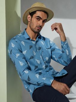 MR BUTTON - Men Blue Slim Fit Floral Printed Cotton Casual Shirt