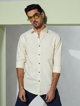 MR BUTTON - Men Yellow Smart Slim Fit Striped Cotton Casual Shirt