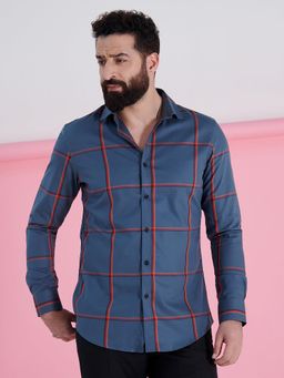 MR BUTTON - Men Blue Slim Fit Checked Cotton Casual Shirt