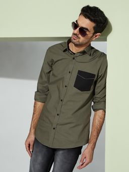 MR BUTTON - Men Olive Green Smart Slim Fit Cotton Casual Shirt