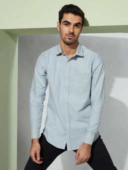 MR BUTTON - Men Blue and White Smart Slim Fit Striped Cotton Linen Casual Shirt