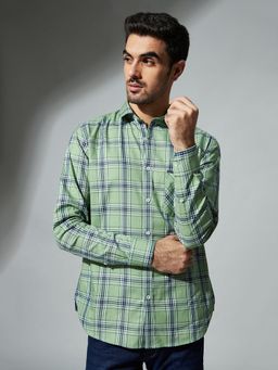 MR BUTTON - Men Green Smart Slim Fit Checked Cotton Casual Shirt