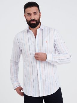 MR BUTTON - Men White Slim Fit Striped Casual Shirt