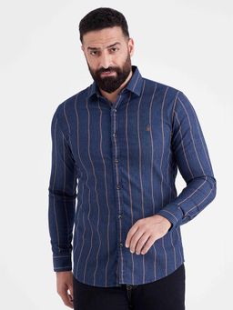 MR BUTTON - Men Navy Blue Slim Fit Striped Casual Cotton Shirt