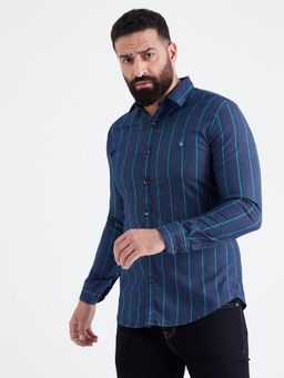 MR BUTTON - Men Navy Blue Cotton Slim Fit Striped Casual Shirt