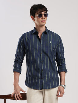 MR BUTTON - Men Navy Blue Slim Fit Striped Cotton Casual Shirt