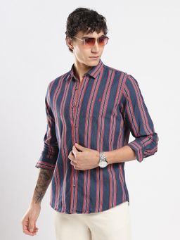 MR BUTTON - Men Blue Slim Fit Striped Casual Shirt
