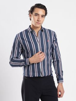 MR BUTTON - Men Blue White Slim Fit Striped Cotton Casual Shirt