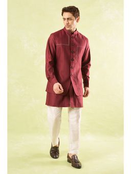 RNG Safawala - Maroon Running Stitch Kurta and Pant with Nehru Jacket