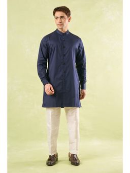 RNG Safawala - Navy Blue Running Stitch Kurta and Pant with Nehru Jacket