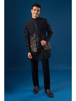 RNG Safawala - Coal Fauna Black Kurta and Pant with Nehru Jacket