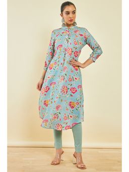 Soch - Blue Linen Floral Print Kurta