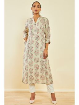 Soch - Beige Linen Floral Print Kurta