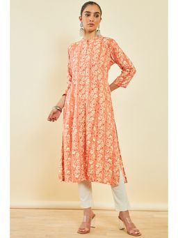 Soch - Peach Rayon Floral Print Kurta