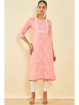 Soch - Coral Rayon Floral Print Kurta
