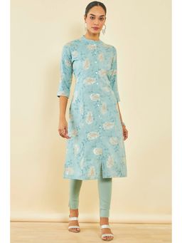 Soch - Blue Rayon Floral Print Kurta