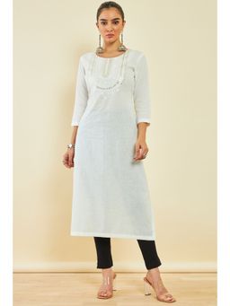 Soch - Off White Cotton Floral Print Kurta