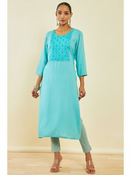 Soch - Blue Rayon Embroidered Kurta