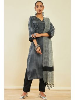 Soch - Black Cotton Stripes Dress Material (Set of 3)