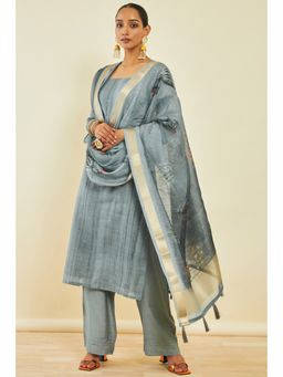 Soch - Grey Chanderi Zari Dress Material (Set of 3)