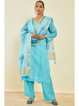 Soch - Turquoise Chanderi Zari Dress Material (Set of 3)