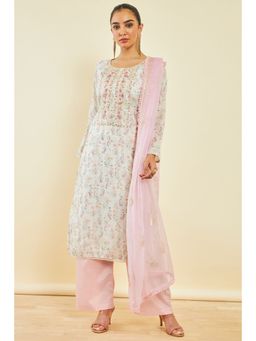 Soch - Off White Organza Floral Print Dress Material (Set of 3)