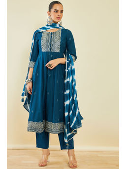 Soch - Blue Cotton Anarkali Suit With Embroidery And Leheriya Dupatta (Set of 3)