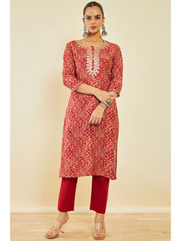 Soch - Rust Cotton Kurta With Geometric Print And Embroidery (Set of 2)