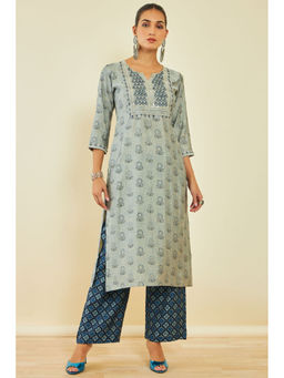 Soch - Grey Cotton Kurta With Printed Designs And Embellishments (Set of 2)
