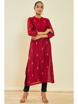 Soch - Maroon Chanderi Floral Print Kurta