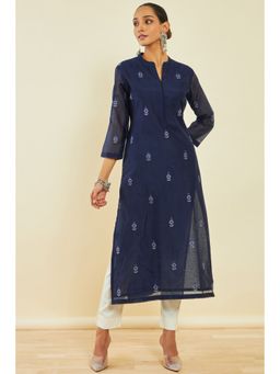 Soch - Navy Blue Chanderi Floral Print Kurta