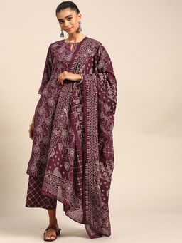 Gerua By Libas - Purple Printed Cotton Suit (Set of 3)