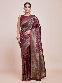 Monjolika Fashion - Women's Glamour & Tradition Maroon Color Zari Woven Saree with Unstitched Blouse